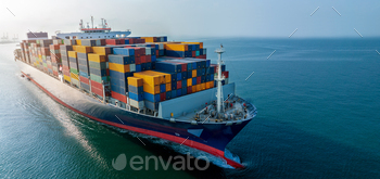 Aerial side view of cargo ship carrying container and running for export  goods  from  cargo 