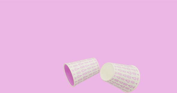 Minimal motion 3d art. Plastic cup with design pattern moves in pink abstract space.