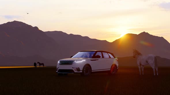 Horses and White Luxury Off-Road Vehicle in Mountainous Area with Sunset View