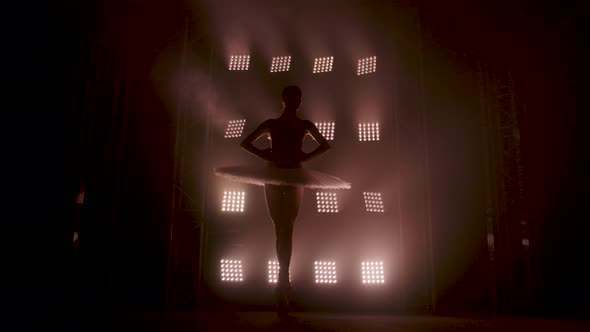 Graceful Silhouette Ballerina Dancing in Black Dress in the Studio in Spotlight on the Stage of the alt