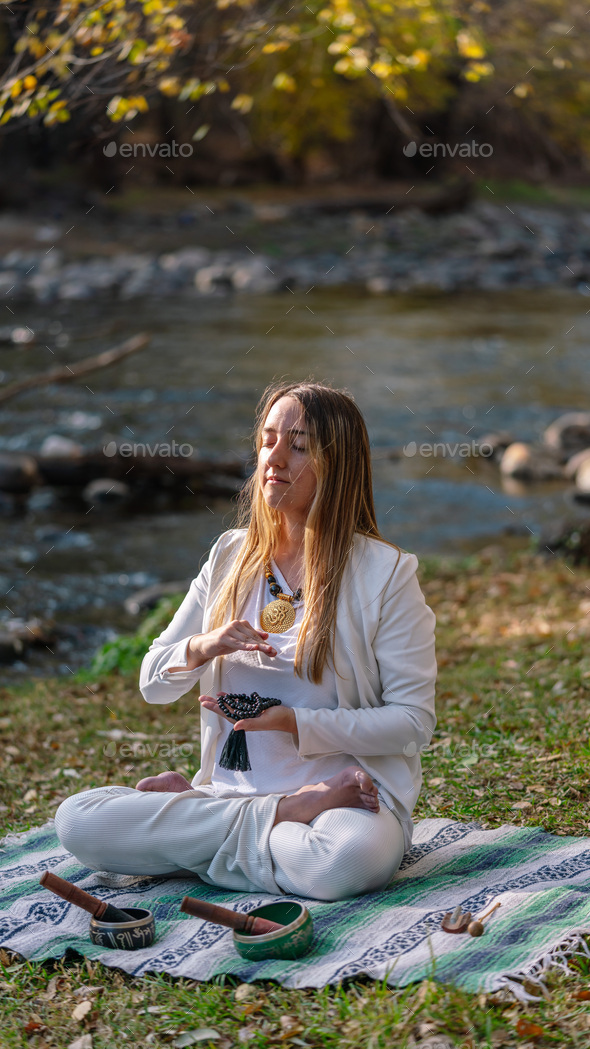 woman doing different mudras alternative medicine, mental health Stock