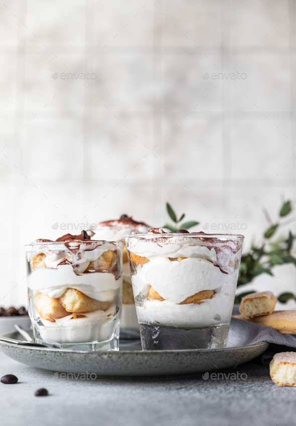 Traditional Italian dessert tiramisu. Coffee flavored dessert made of