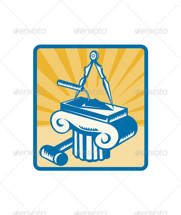 Masonry Trowel Compass Mallet and Column Retro - Miscellaneous Vectors
