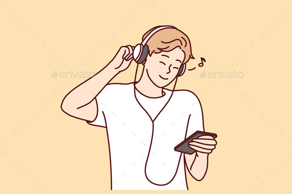 Smiling Guy in Earphones Listen Music on Mobile