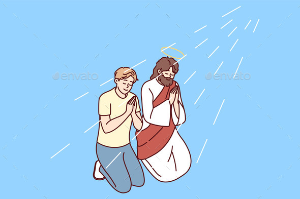 Religious Man Pray Kneeling with Jesus Christ