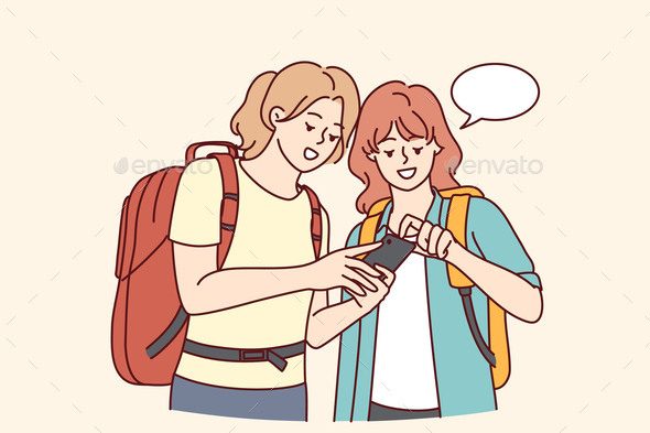 Smiling Female Travelers Using Cellphone