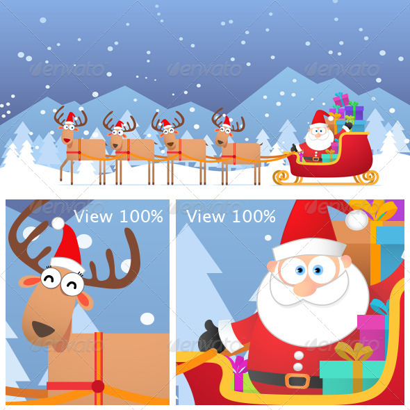 Santa and Christmas Reindeer on the Snow - Characters Illustrations