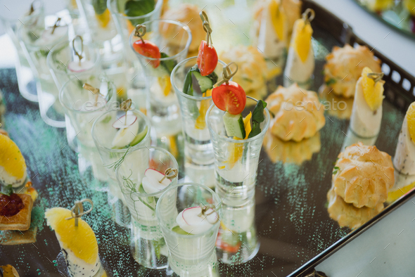 Catering banquet table at the reception. Restaurant presentation ...