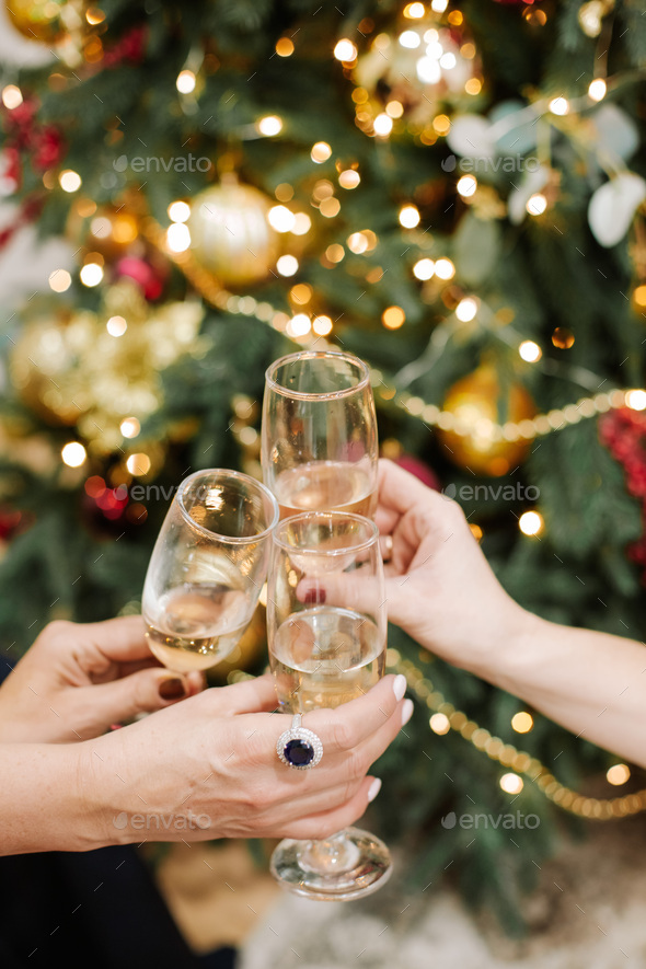 three wine glasses background christmas tree celebration - Stock Photo - Images