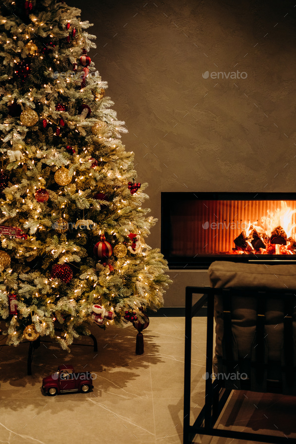 interior stylish luxury home christmas tree decorations - Stock Photo - Images