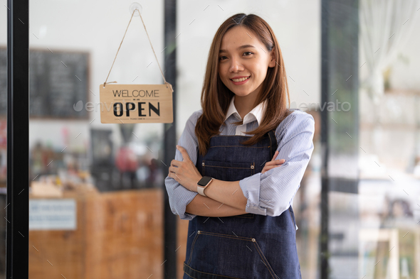 Welcome open shop barista waitress open sign on glass door modern coffee shop ready to serve
