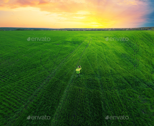 Photographer in green field with camera photographs sunset - Stock Photo - Images