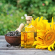 Sunflower seeds and flowers with bottle of oil on wooden table - PhotoDune Item for Sale