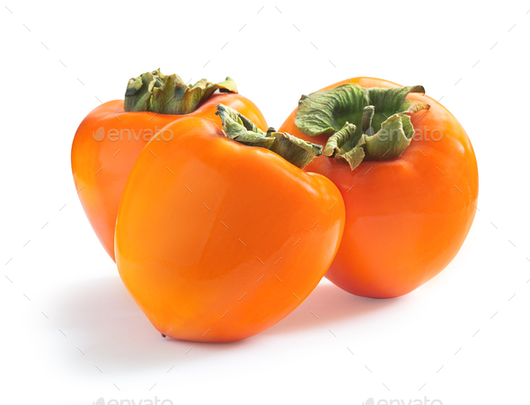 Three ripe juicy sweet persimmons isolated on white - Stock Photo - Images