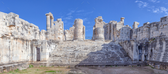 View of courtyard of the Temple of Apollo in antique city of Didim - Stock Photo - Images
