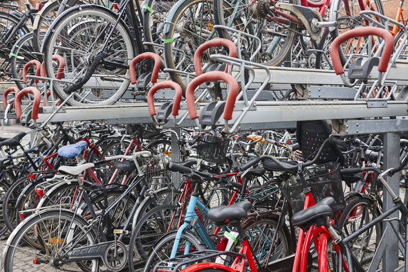 Downtown urban parking lot for bikes in Copenhague. Transport