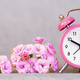 Pink alarm clock and flowers, spring, summer banner - PhotoDune Item for Sale