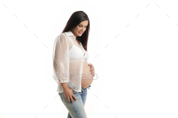 pregnant woman touching belly isolated on white background