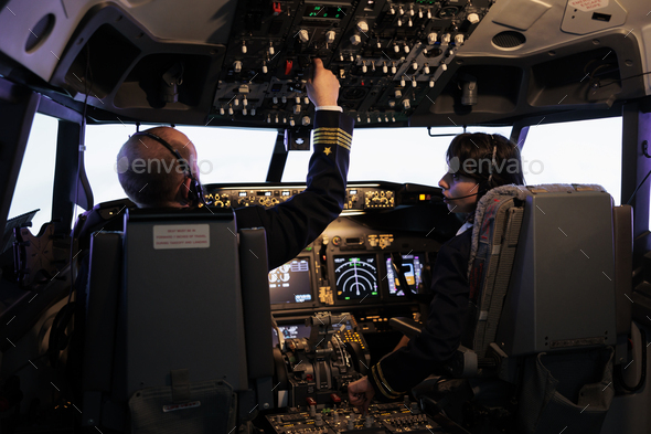 Airliners team flying airplane with dashboard command