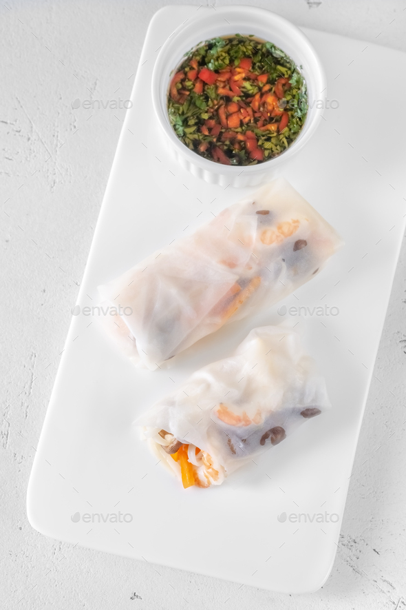 Prawn shiitake rice paper rolls - Stock Photo - Images