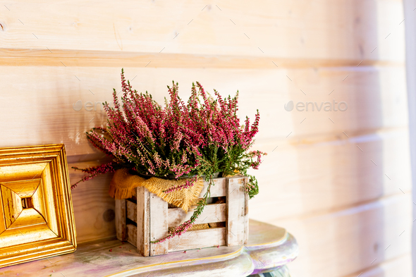 home balcony decor with pink heather flowers in wooden box, candlelight flame, autumn hygge home