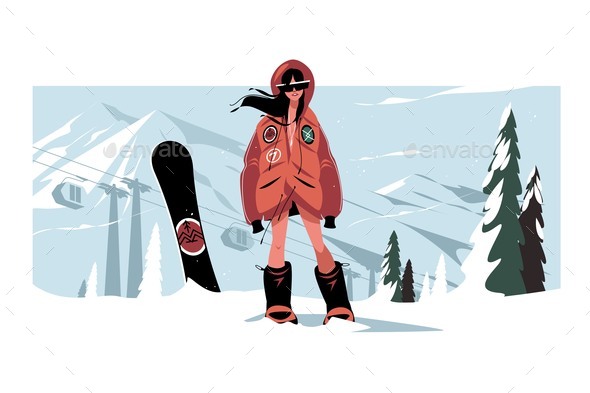 Girl Character Stand on Mountain with Snowboard