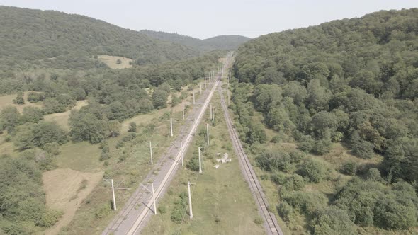 Aerial view of empty Railway lines in Samtskhe-Javakheti region of Georgia. alt