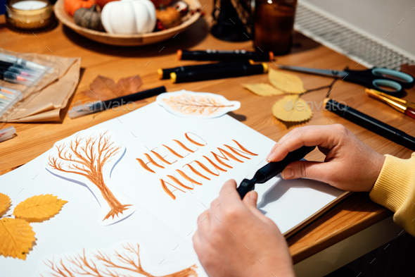 Hello Autumn lettering. Autumn Season Drawing, How to draw fall lettering drawing and painting
