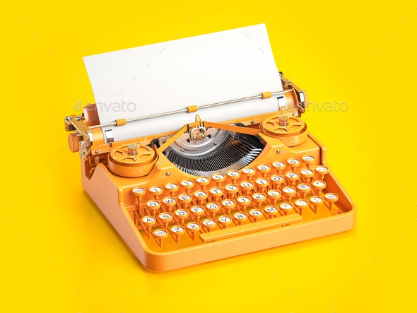 Vintage yellow typewriter on blue background with space for texto on a sheet. - Stock Photo - Images