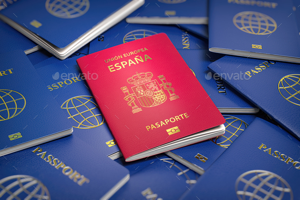 Passport of Spain on the pile of passports of other countries. - Stock Photo - Images