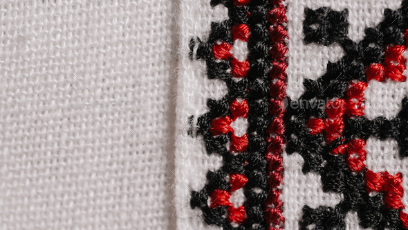 Handmade embroidery on Ukrainian shirt. Geometric ornaments,traditional authentic clothes Ukrainians