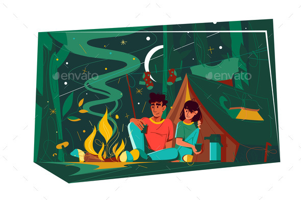 Couple Near Fire in Evening Camping Night 