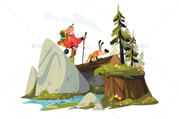 Man Tourist Travelling with Dog in Mountains