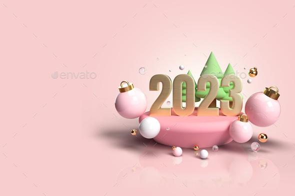 Christmas and New Year 2023 on Pink background. Realistic 3d design - Stock Photo - Images