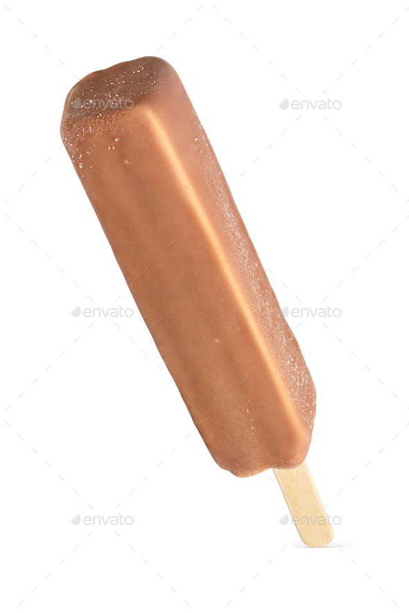 Popsicle ice cream bar with chocolate coating isolated on white. Stock