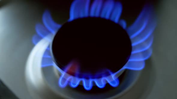 Fire from gas kitchen stove. Gas burner on modern kitchen stove alt