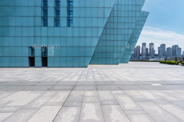 empty square floor and modern exterior walls - Stock Photo - Images