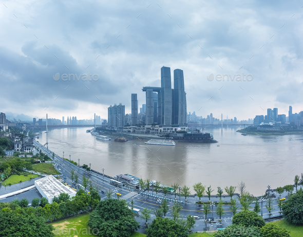 panoramic view of Chaotianmen in Chongqing in cloudy - Stock Photo - Images
