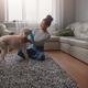 Relaxed smiling young pretty female playing with her curly pet dog indoor - PhotoDune Item for Sale