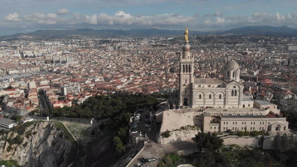 Aerial view of the basilica Notre Dame de la Garde in Marseille. France 2020 alt