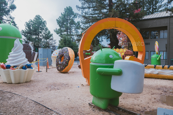 Googleplex playground with Android toys at Google Visitor Center - Stock Photo - Images