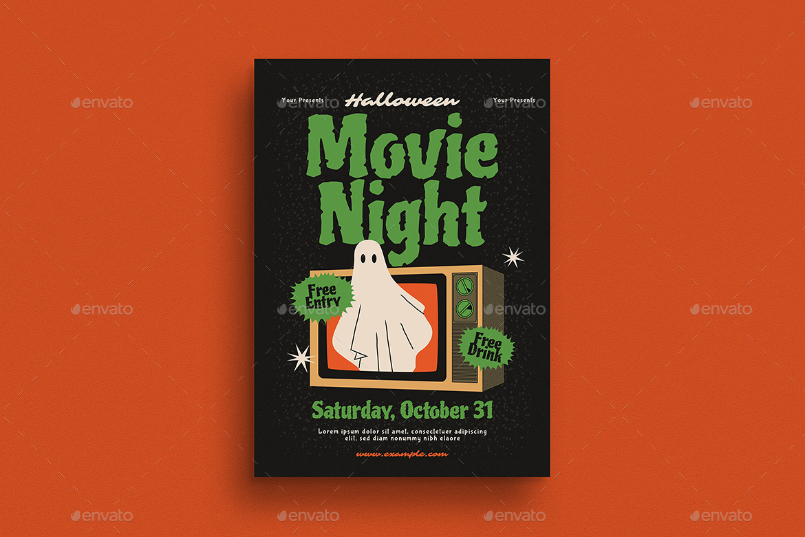 Retro Halloween Movie Night Flyer, Print Templates | GraphicRiver