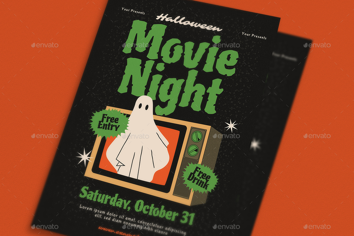 Retro Halloween Movie Night Flyer, Print Templates | GraphicRiver