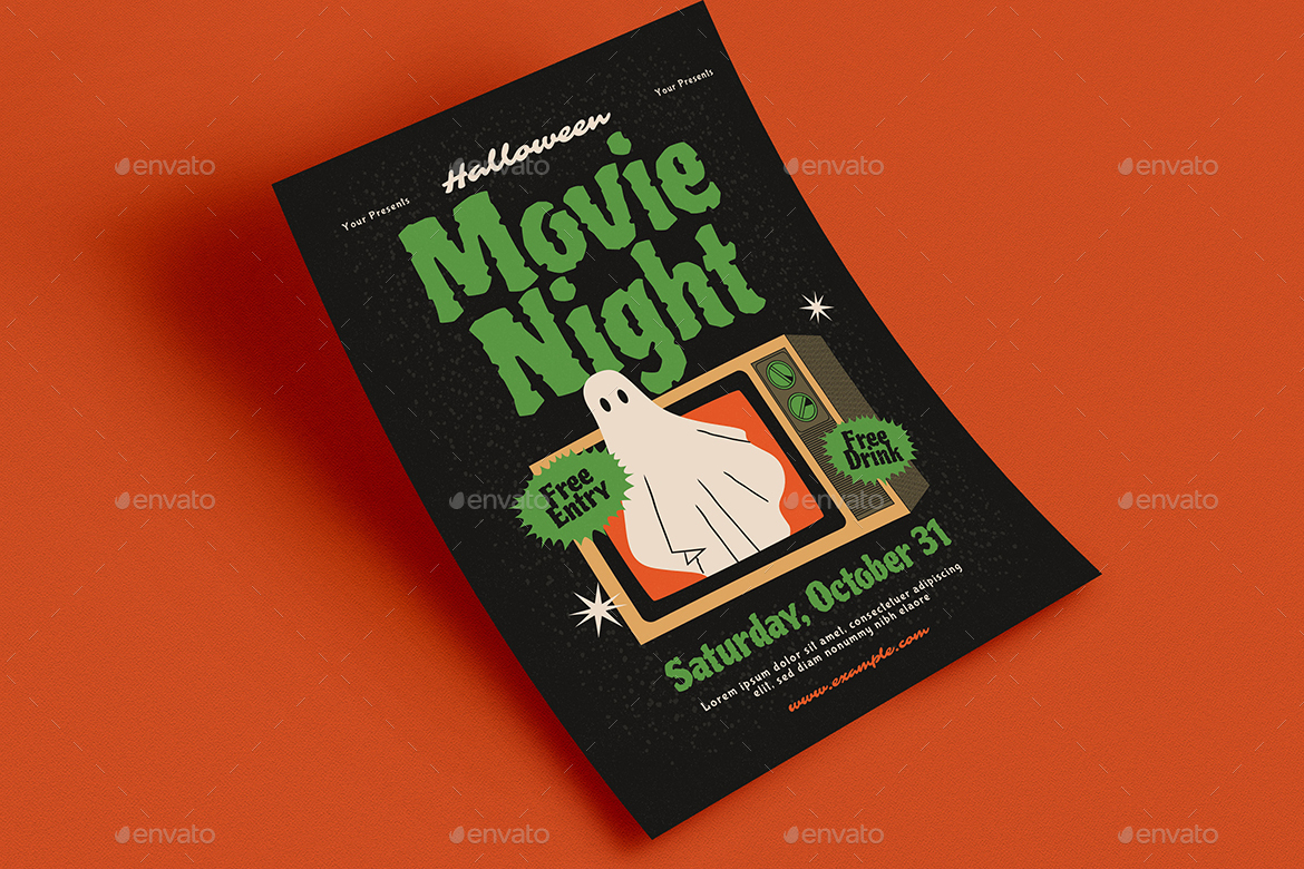 Retro Halloween Movie Night Flyer, Print Templates | GraphicRiver