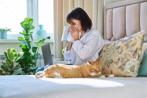 Woman sneezing allergic to domestic cat fur - Stock Photo - Images