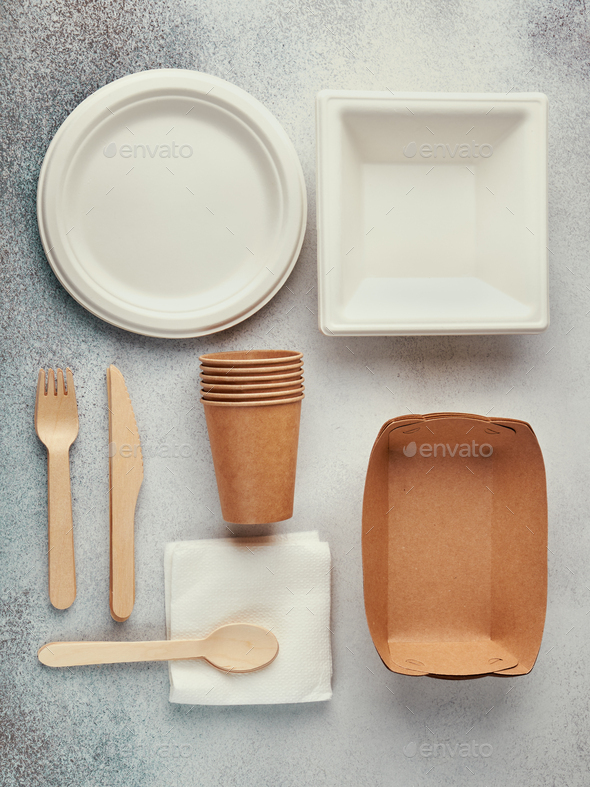 Biodegradable disposable tableware. Paper plates, cups, boxes. Wooden cutlery. Flat lay