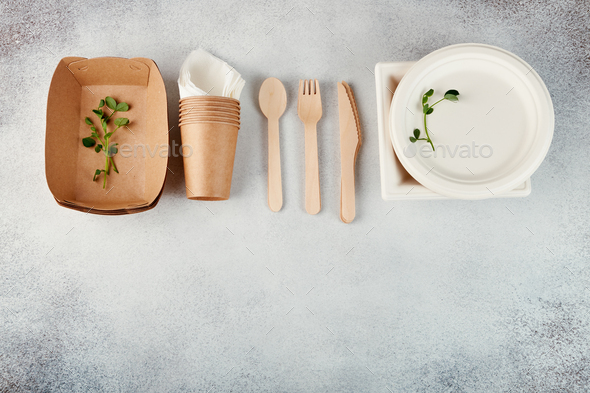 Biodegradable disposable tableware. Paper plates, cups, boxes. Wooden cutlery. Flat lay