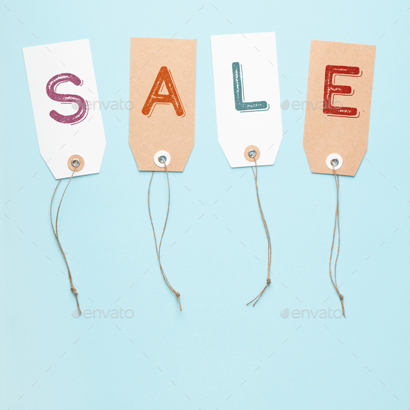 Set of tags with word SALE on a blue background. Seasonal discounts in stores - Stock Photo - Images