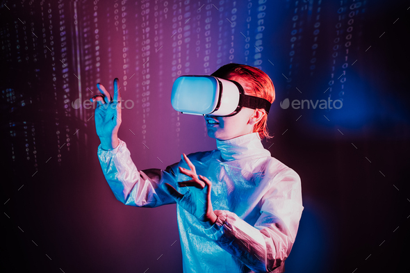Metaverse concept. Woman in holographic clothes and vr glasses on matrix code background