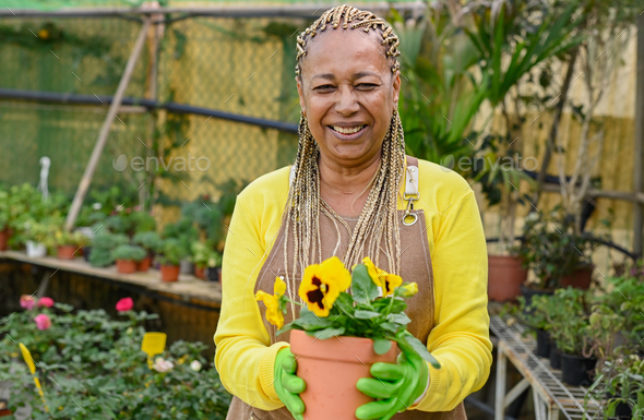 Happy black gardener with potted flower in greenhouse